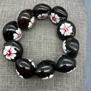 Kukui Nut Stretch Bracelet Tropical Real Seeds Black White Red Hibiscus Flower